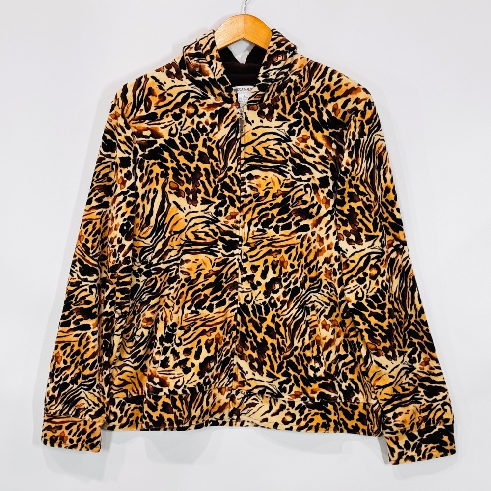 Rebecca Malone Hoodie Women L Brown Animal Print Zip Up Velour Soft Casual Y2K
